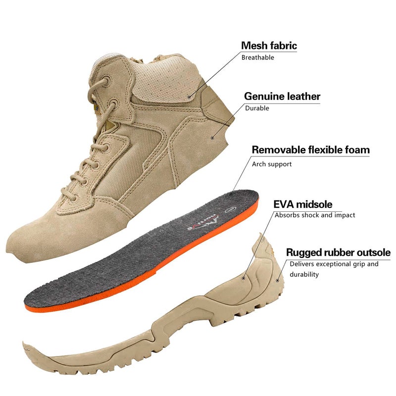 NORTIV 8 Mens Military Tactical Work Boots Side Zip Outdoor Hiking Leather Motorcycle Combat Boots,Size 11,Sand,ALLOY - Image 4